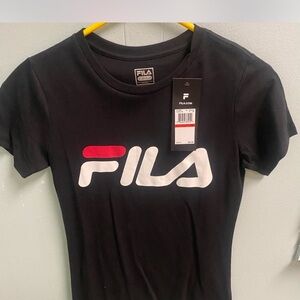 FILA Women's Black Tee with Red and White Logo